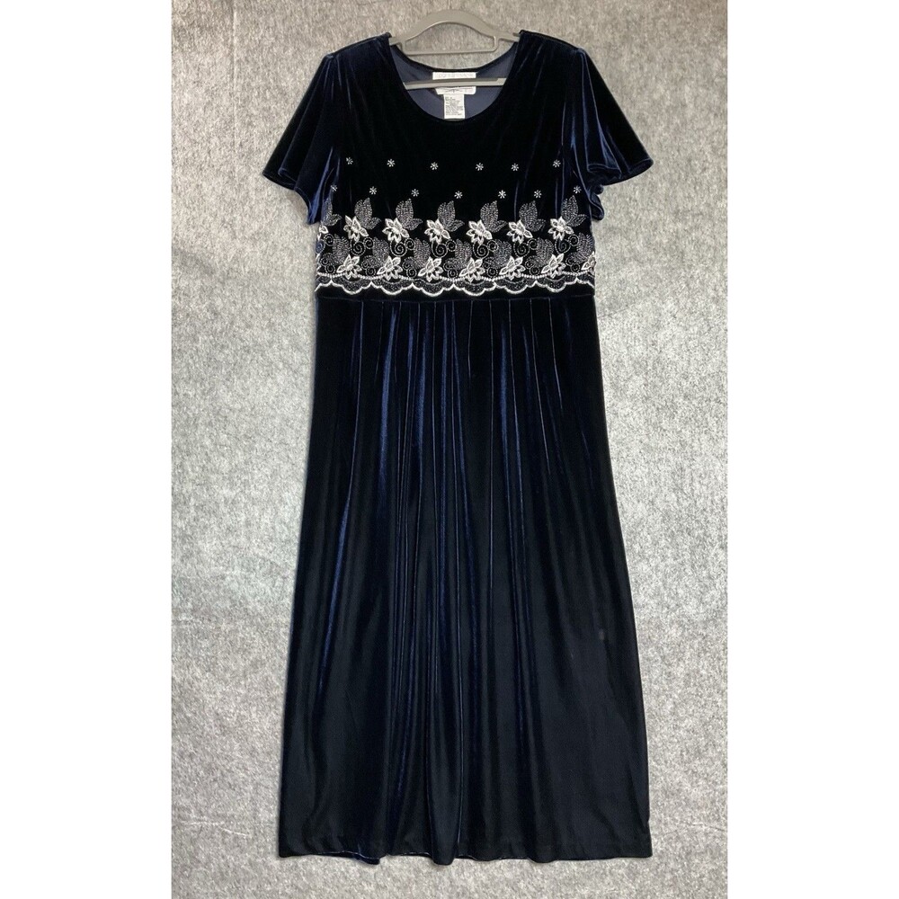 Another Thyme Dress Women 16 Blue Velvet Floral Embroidered Maxi Elegant Holiday